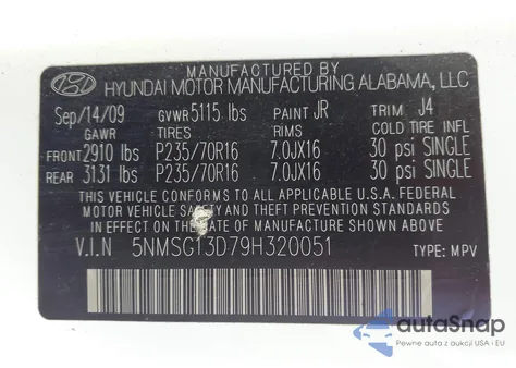 2009 Hyundai Santa Fe Gls z USA, uszkodzony, nr VIN 5NMSG13D79H320051